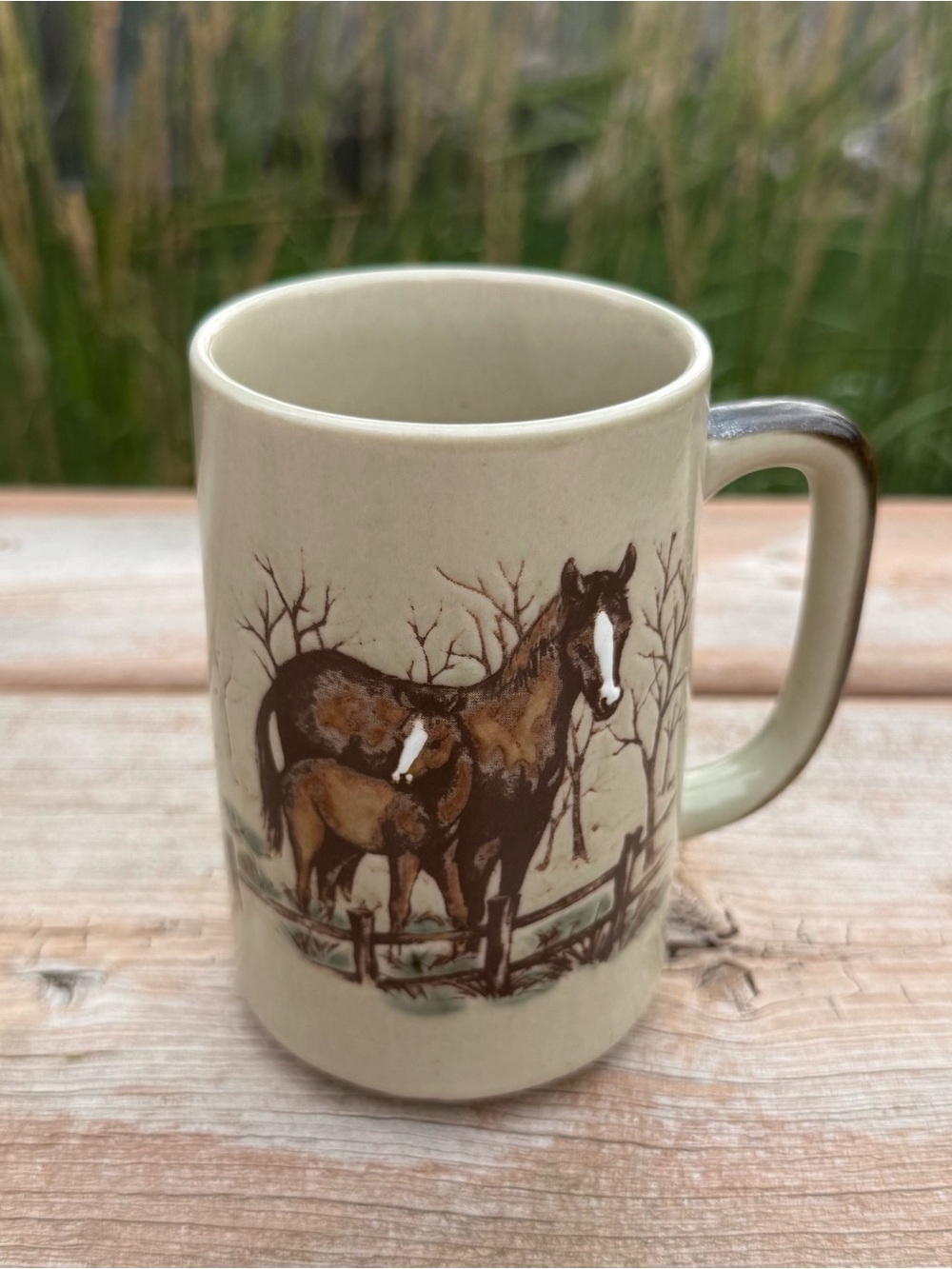 Vintage Stoneware Horse Print Mug - Beige Unbranded